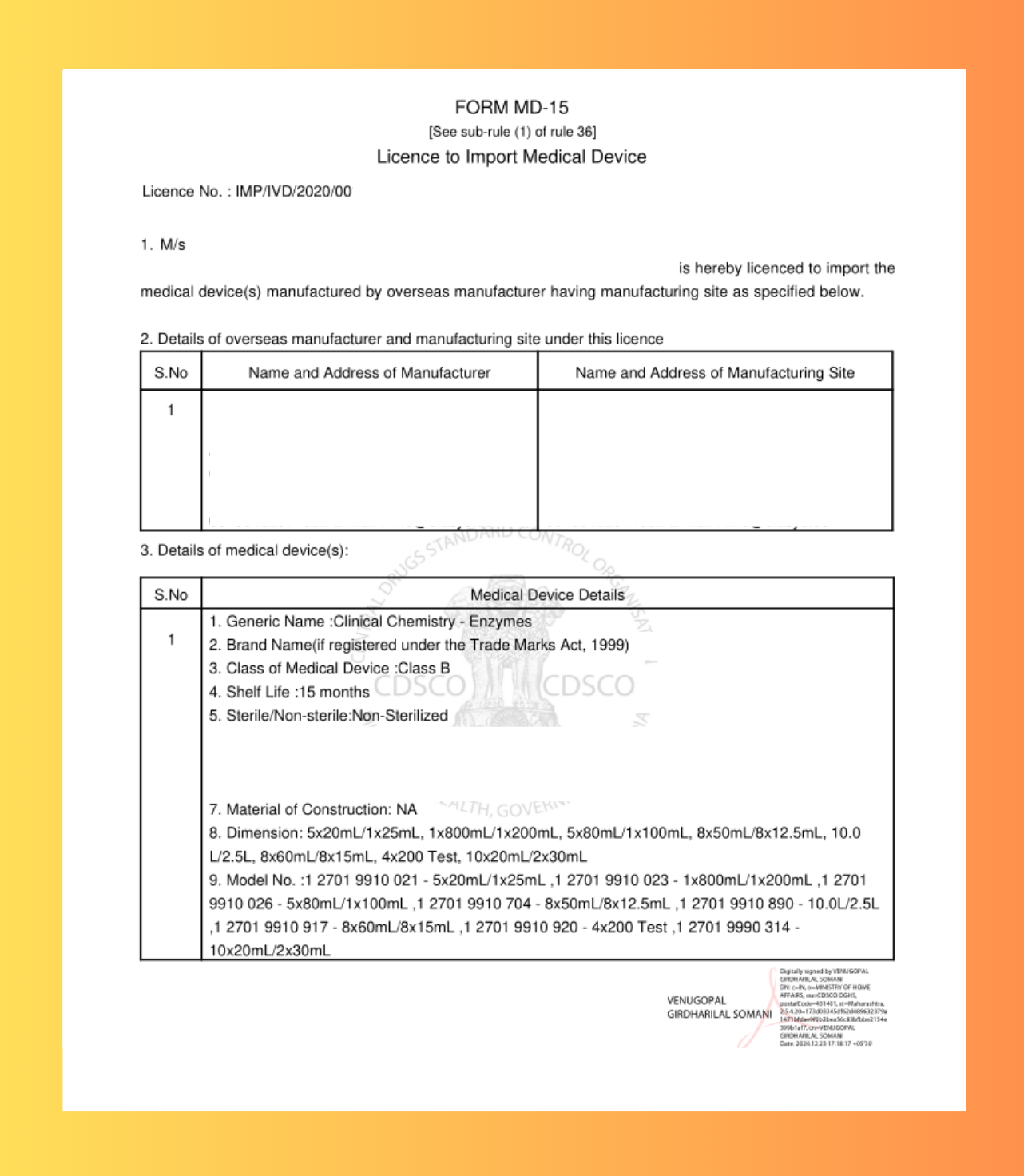 CDSCO MD-15 Import License